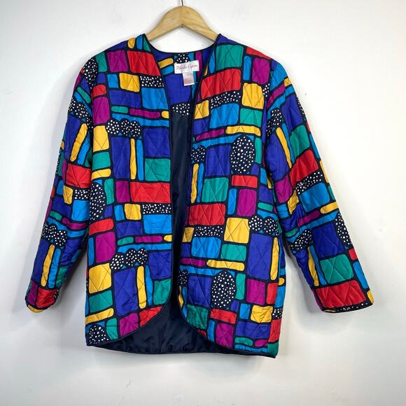 Vintage Rhoda Lynne Quilted Silk Open Jacket 90s Colorful Oversized Womens S - Picture 1 of 15